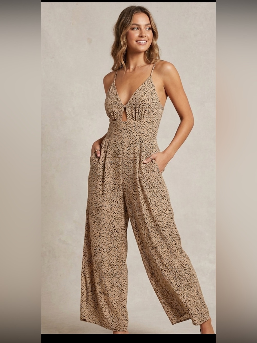 Kittenish Tan Spotted Wide-Leg Jumpsuit